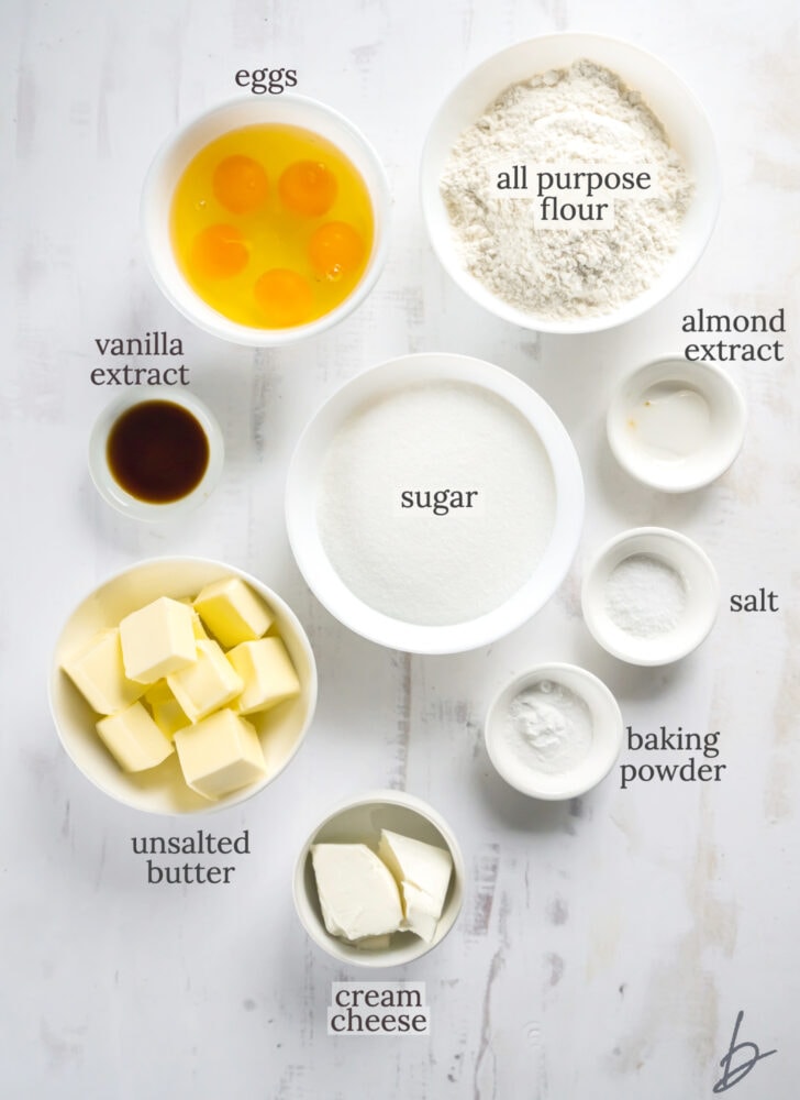 cream cheese pound cake ingredients in bowls labeled with text
