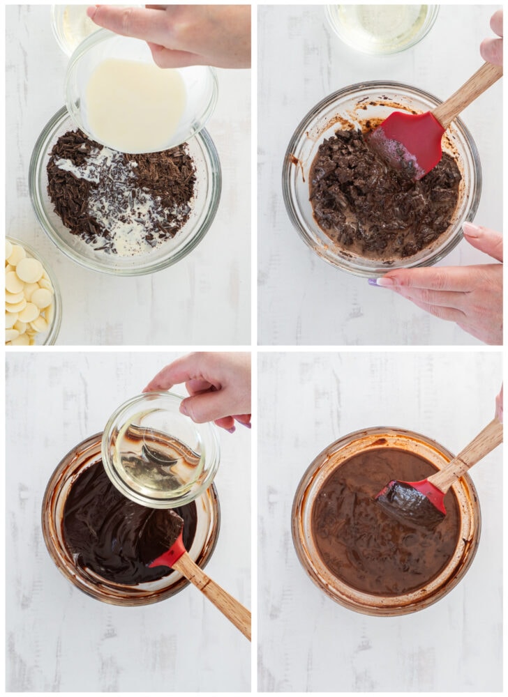 photo collage demonstrating how to make chocolate champagne truffle mixture in mixing bowl