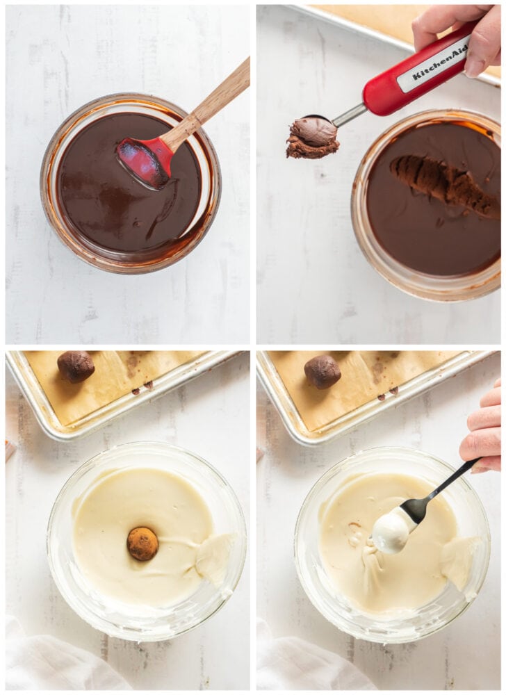 photo collage demonstrating how to shape champagne truffles and dip them in white chocolate