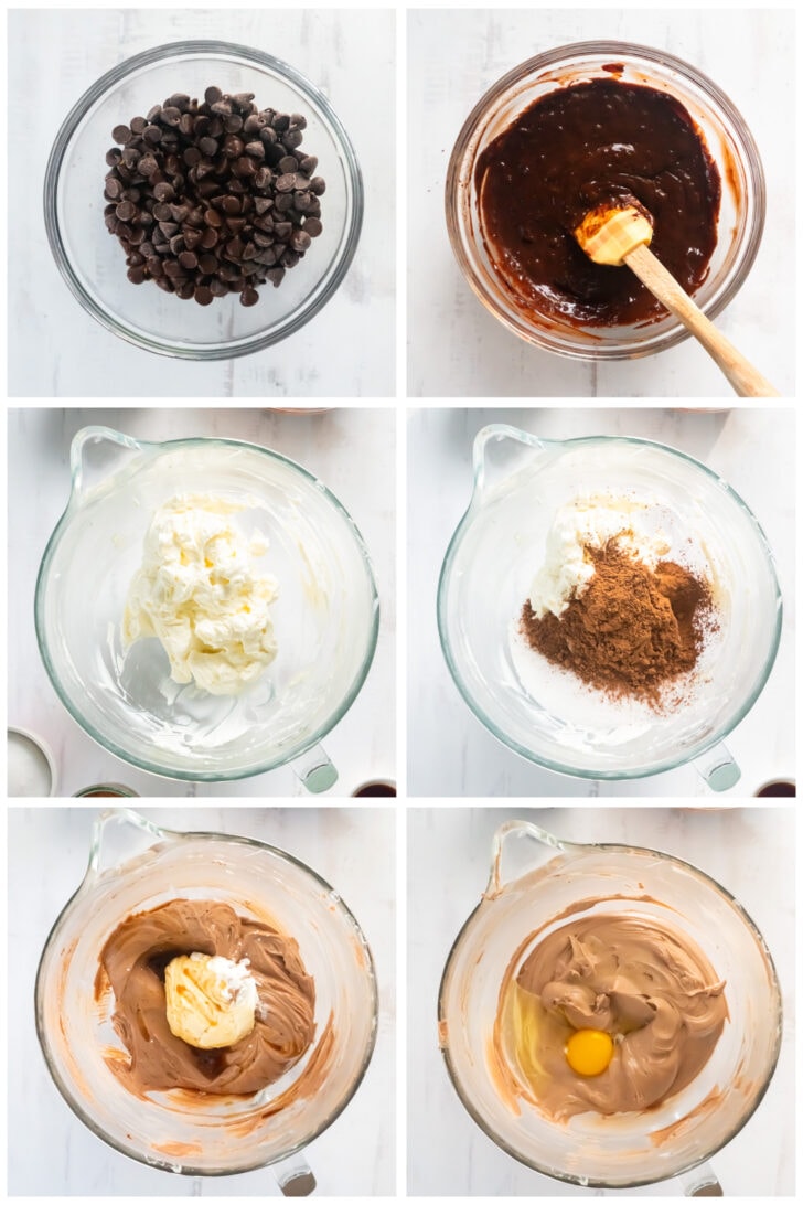 photo collage demonstrating how to make chocolate cheesecake filling in a mixing bowl with melted chocolate