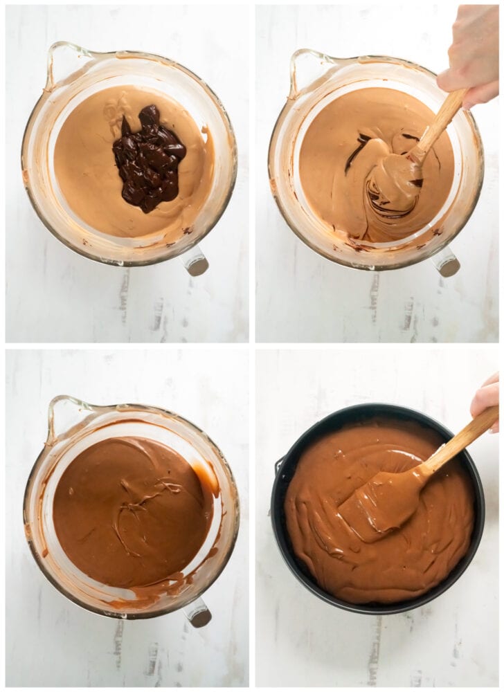 photo collage demonstrating how to make chocolate cheesecake filling in a mixing bowl and springform pan