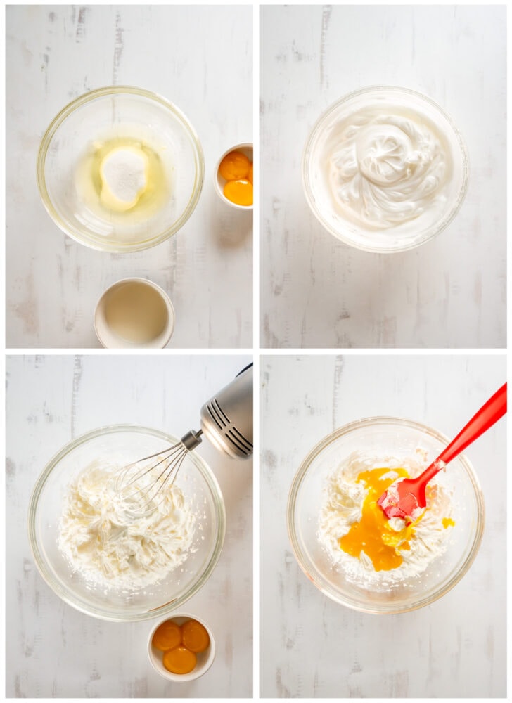 photo collage demonstrating how to make whipped cream mixture and egg white mixture in mixing bowls for chocolate mousse