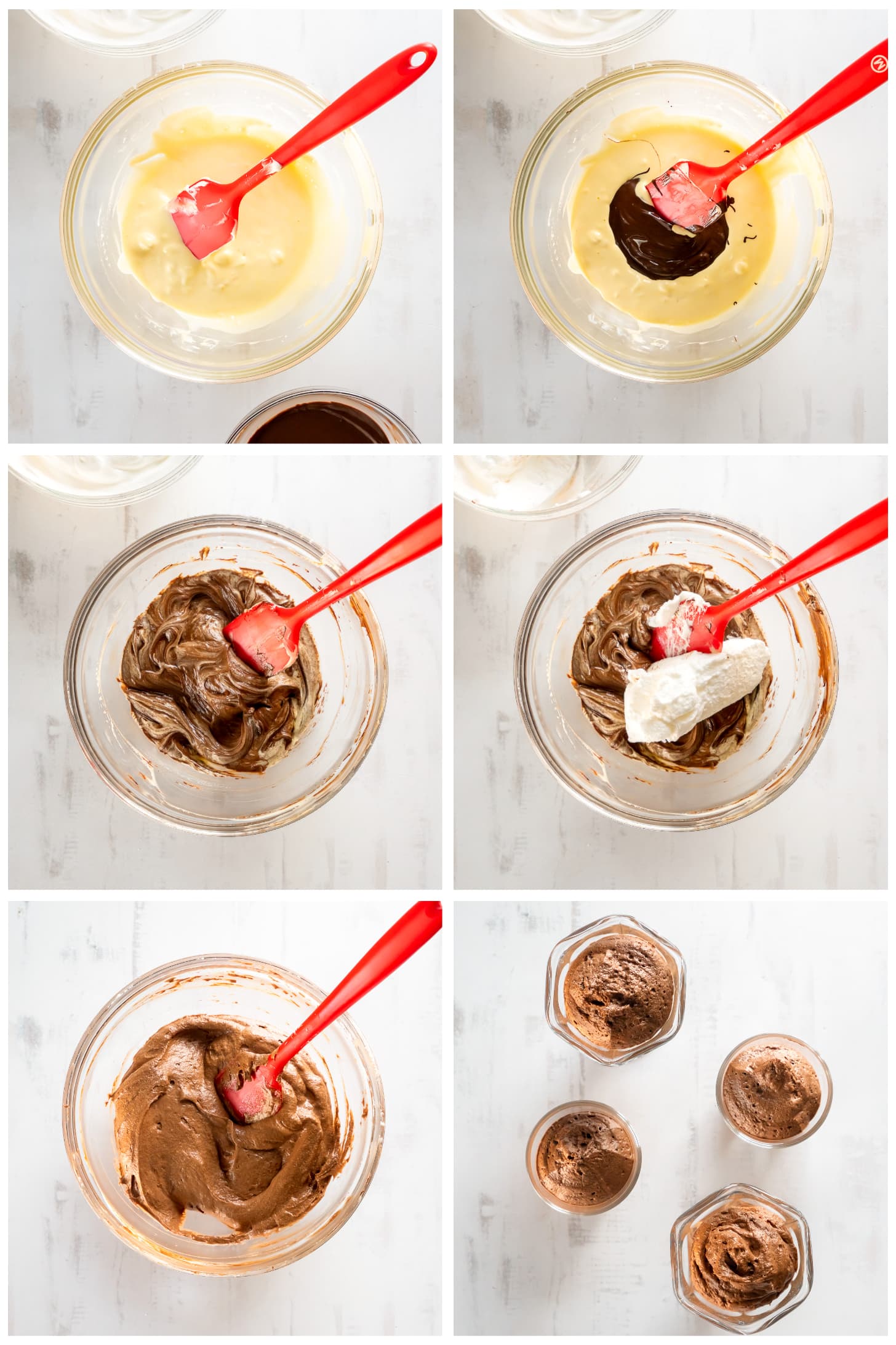 photo collage demonstrating how to make chocolate mousse in a mixing bowl