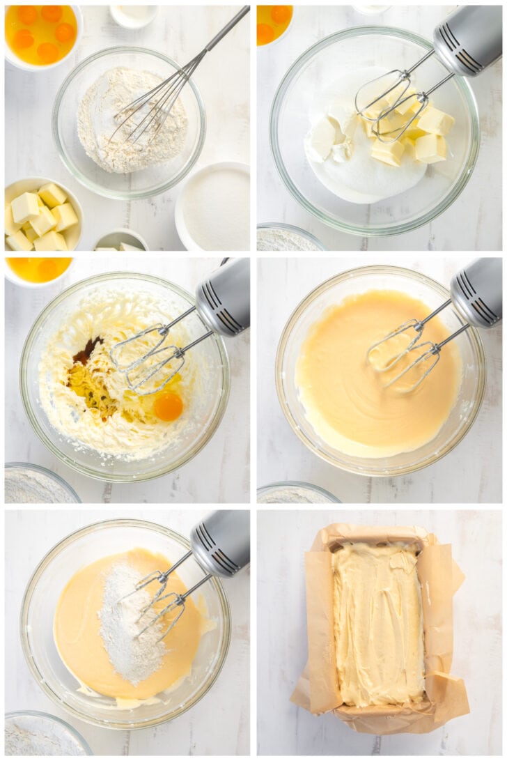 photo collage demonstrating how to make cream cheese pound cake in a mixing bowl with a hand mixer