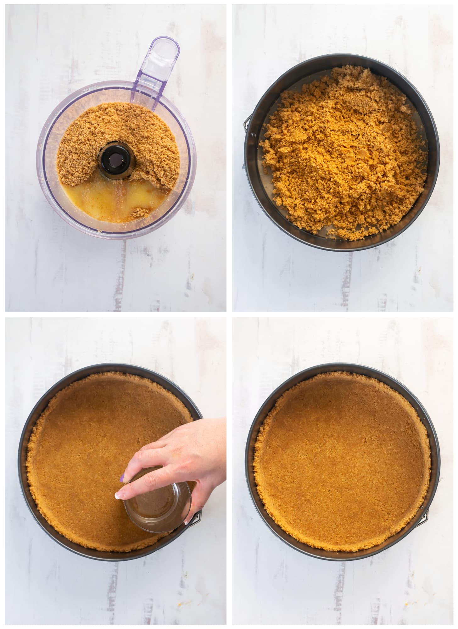 photo collage demonstrating how to make graham cracker crust for cheesecake in springform pan