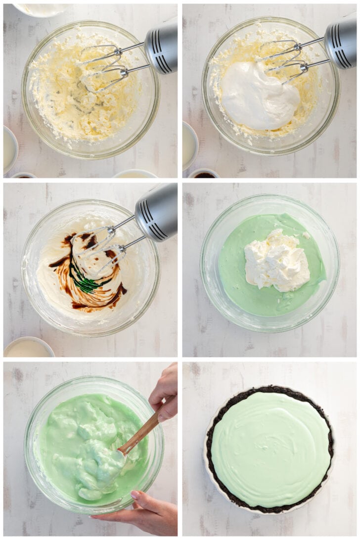 photo collage demonstrating how to make filling for grasshopper pie in a mixing bowl