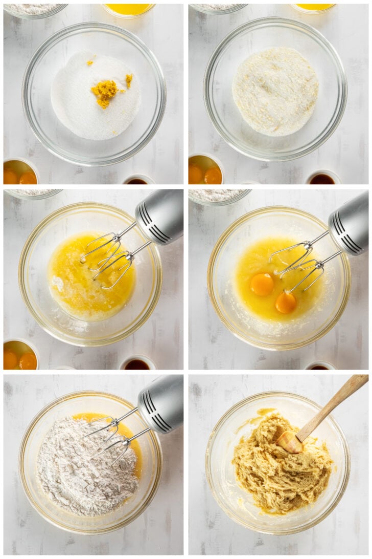 photo collage demonstrating how to make lemon sugar cookie dough in a mixing bowl with a hand mixer