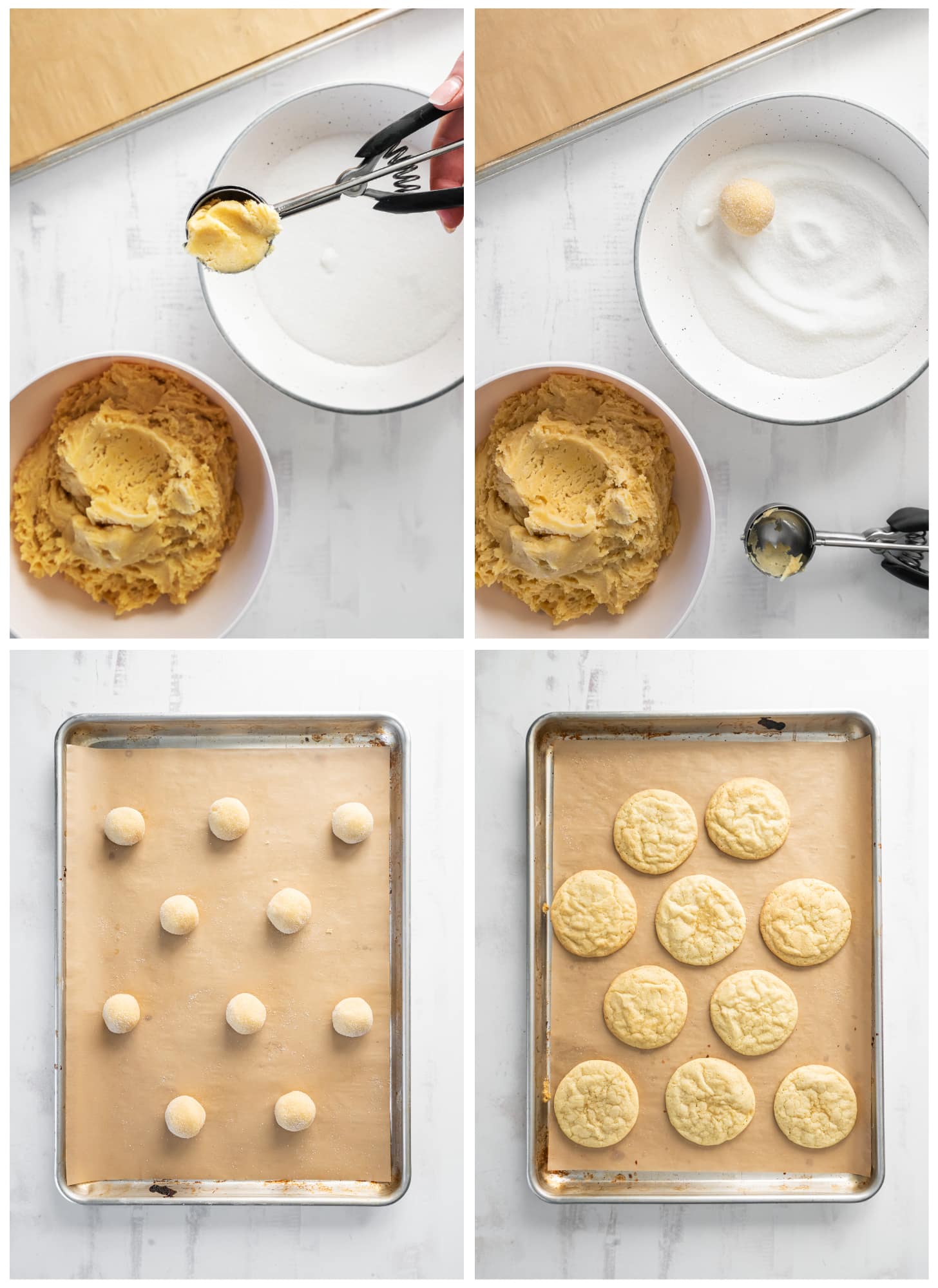 photo collage demonstrating how to roll lemon sugar cookie dough into balls and rolling in sugar