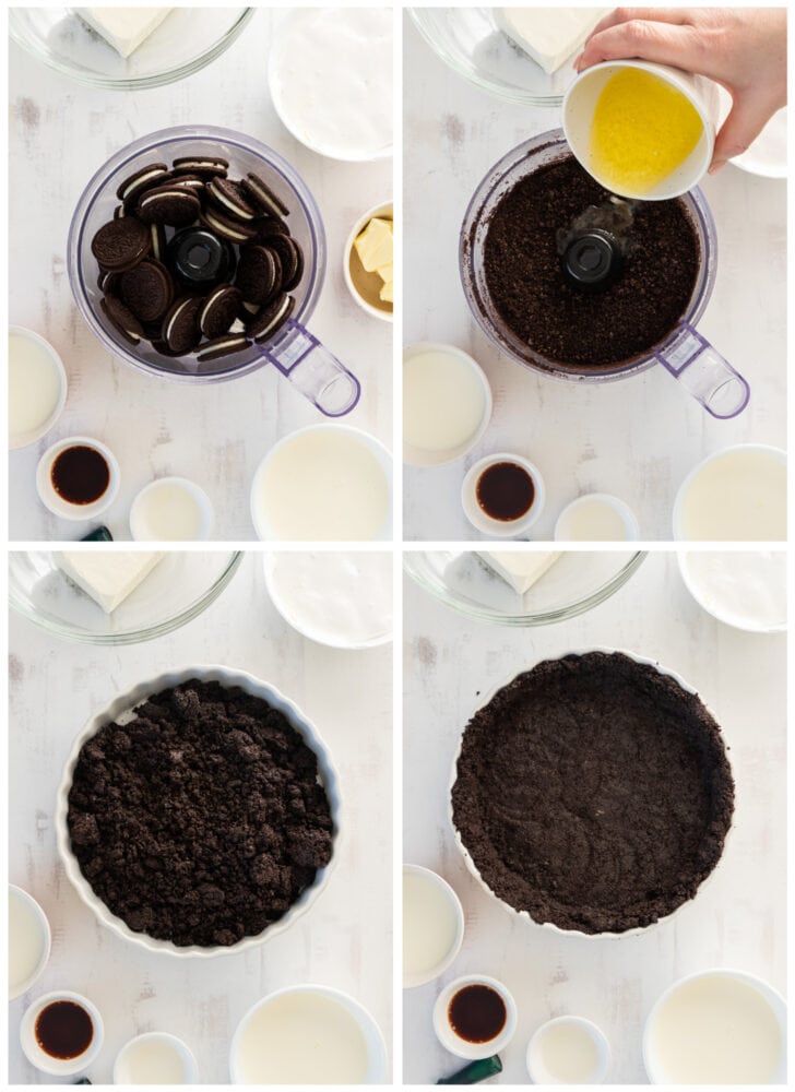 photo collage demonstrating how to make a chocolate cookie crust in a food processor and pie plate