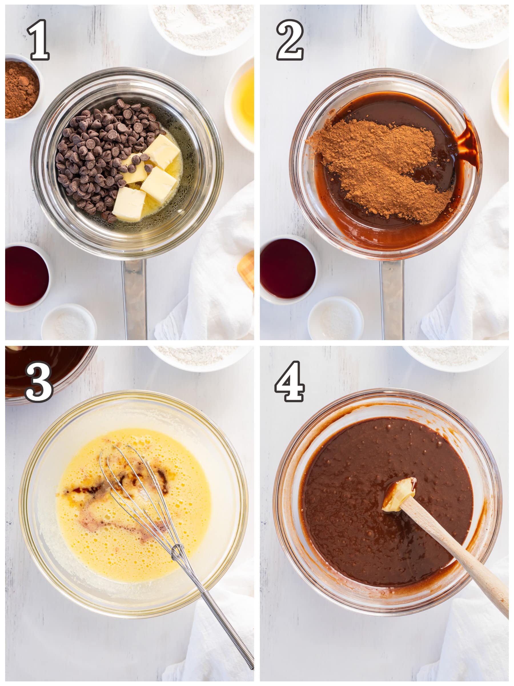 photo collage demonstrating how to make red wine brownies in a makeshift double boiler and mixing bowl.