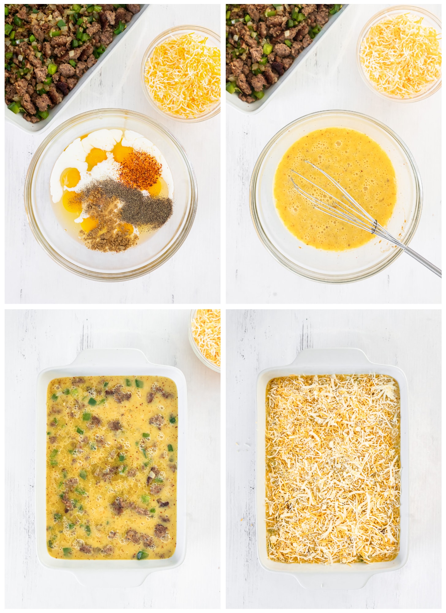 photo collage demonstrating how to make the egg mixture for sausage breakfast casserole