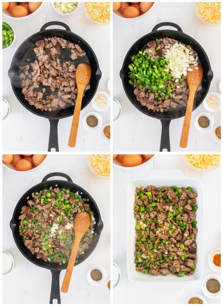 photo collage demonstrating how to cook sausage, peppers and onions in a cast iron skillet