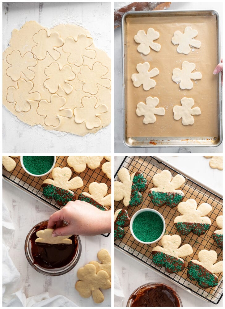 photo collage demonstrating how to cut shamrock cookies and dip them in melted chocolate