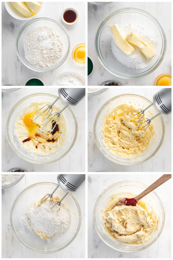 photo collage demonstrating how to make sugar cookie dough in a glass mixing bowl with a hand mixer