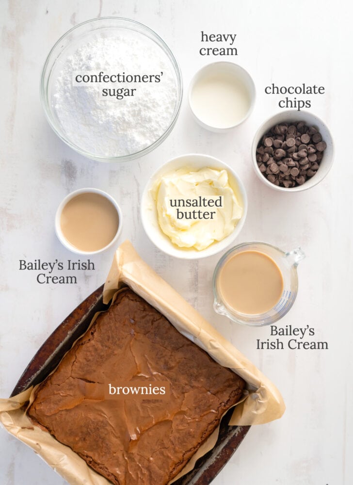 baileys brownies ingredients in bowls labeled with text