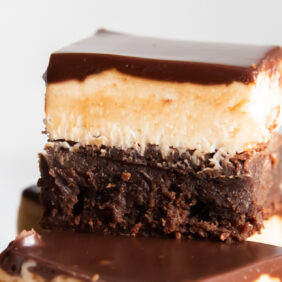 bailey's brownie with layers of brownie, Bailey's buttercream and Bailey's chocolate ganache on top
