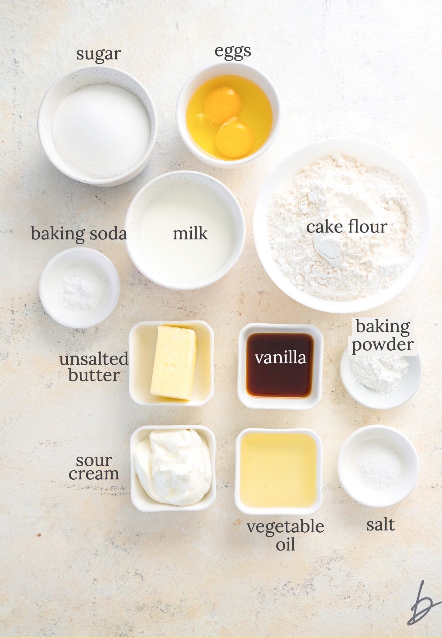 best vanilla cupcake ingredients in bowls labeled with text