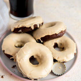 plate of guiness donuts with baileys irish cream glaze.