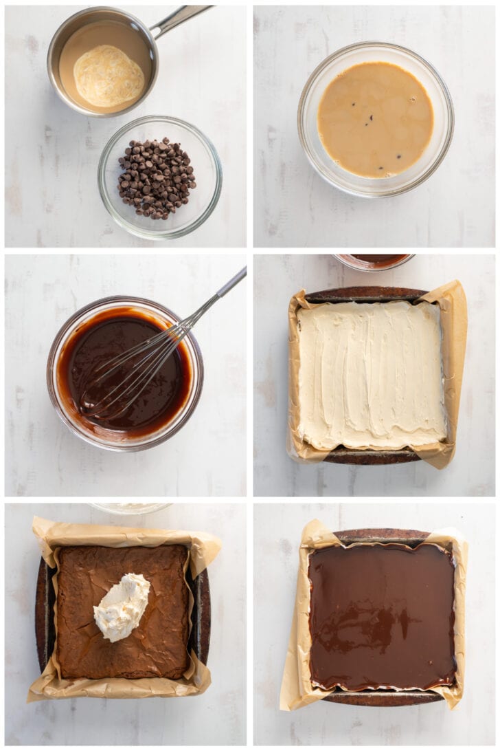 photo collage demonstrating how to make chocolate ganache and layering it on frosted baileys brownies