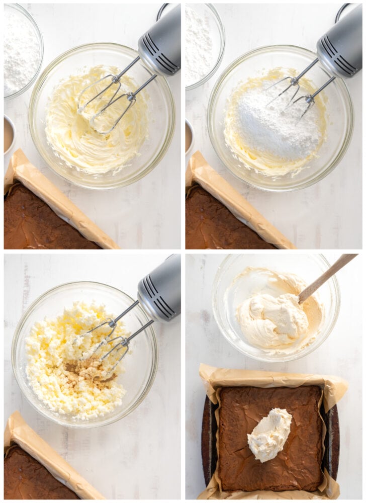 photo collage demonstrating how to make baileys buttercream frosting for brownies