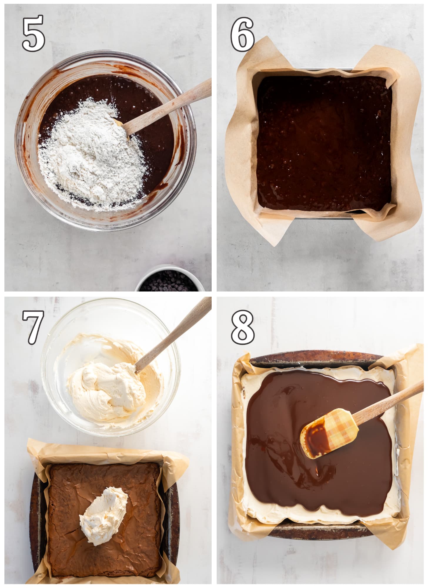 photo collage demonstrating how to make baileys brownies with frosting and ganache.