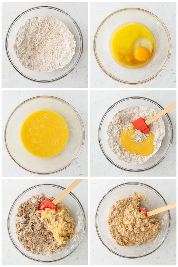 photo collage demonstrating how to make banana oatmeal muffin batter in a glass mixing bowl