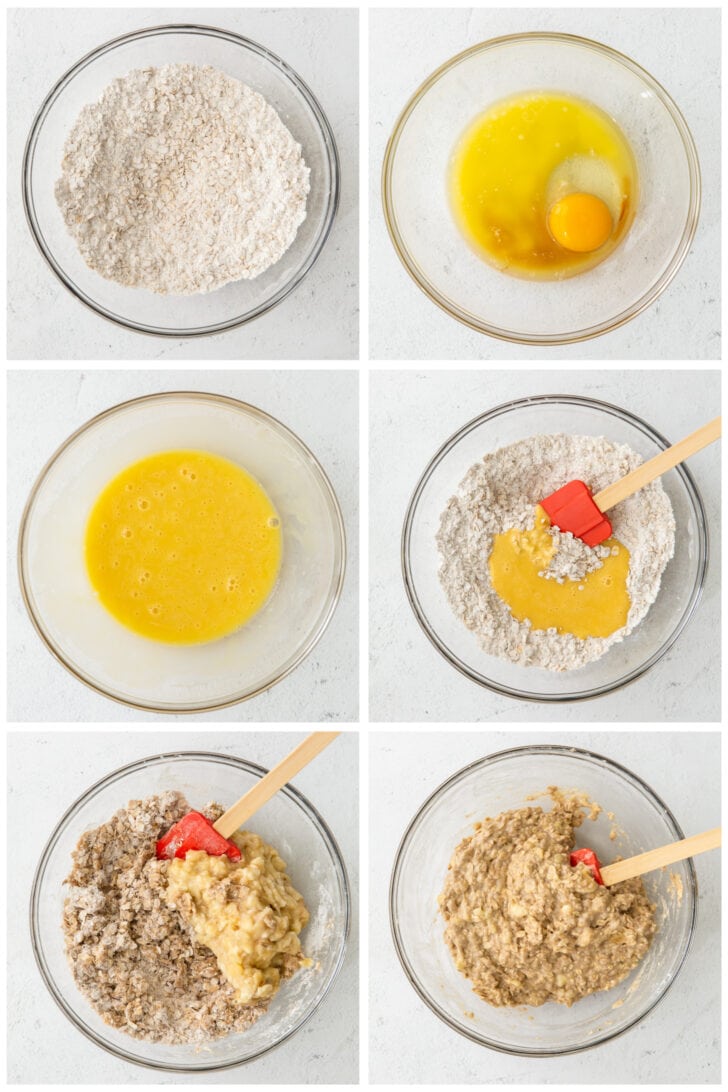 photo collage demonstrating how to make banana oatmeal muffin batter in a glass mixing bowl