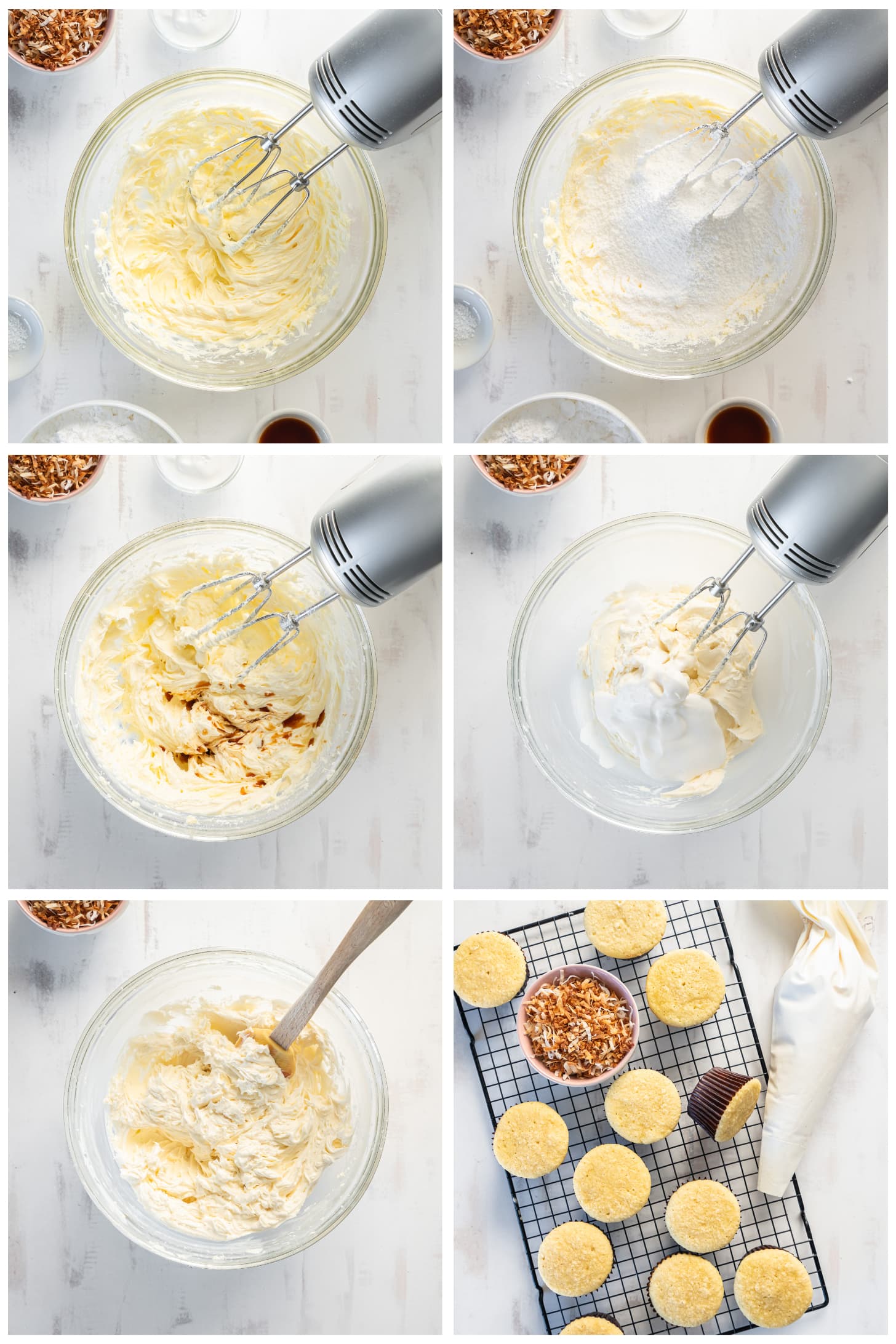 photo collage demonstrating how to make coconut buttercream frosting in a bowl with a hand mixer