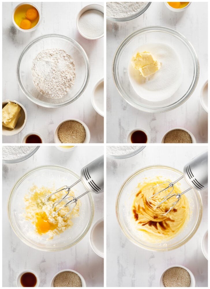 photo collage demonstrating how to make coconut cupcakes batter in a mixing bowl with butter and eggs