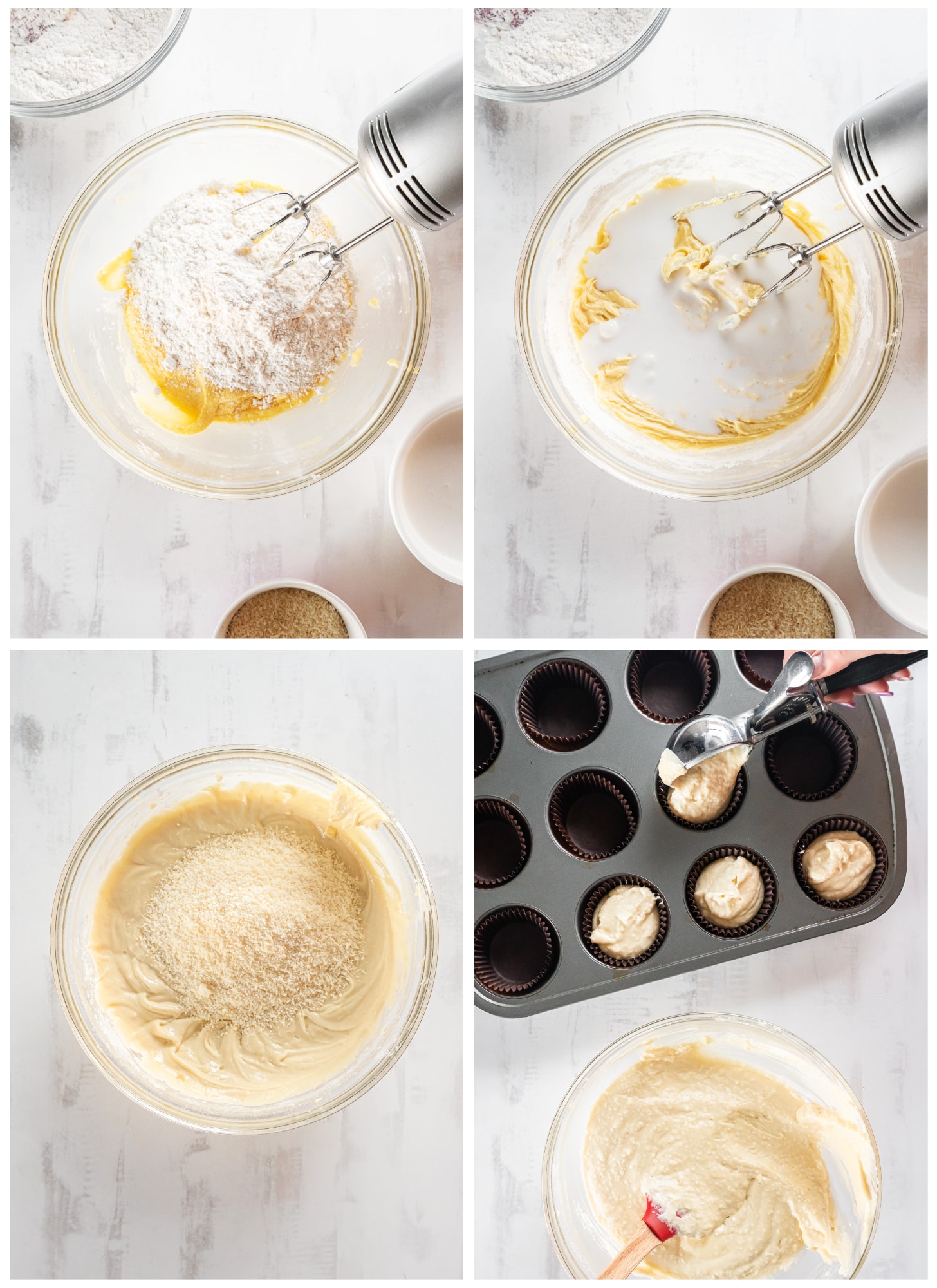 photo collage demonstrating how to make coconut cupcakes batter in a mixing bowl with coconut milk and desiccated coconut