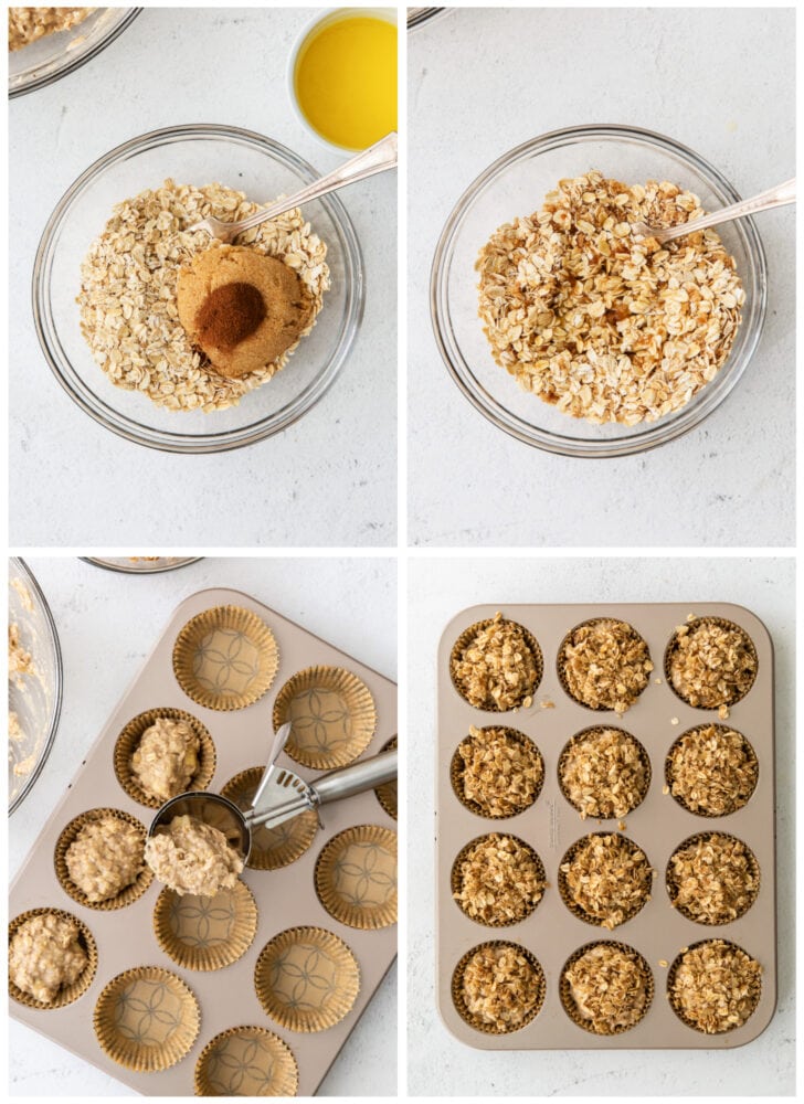 photo collage demonstrating how to make streusel and add it to banana muffin batter in muffin tin