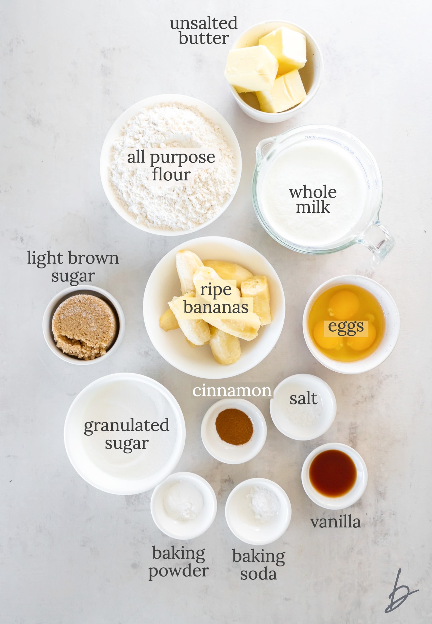 banana cake ingredients in bowls labeled with text