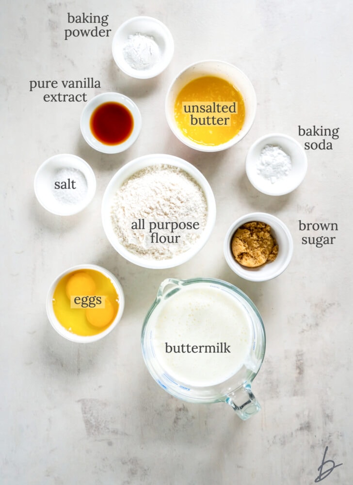 buttermilk waffles ingredients in bowl labeled with text