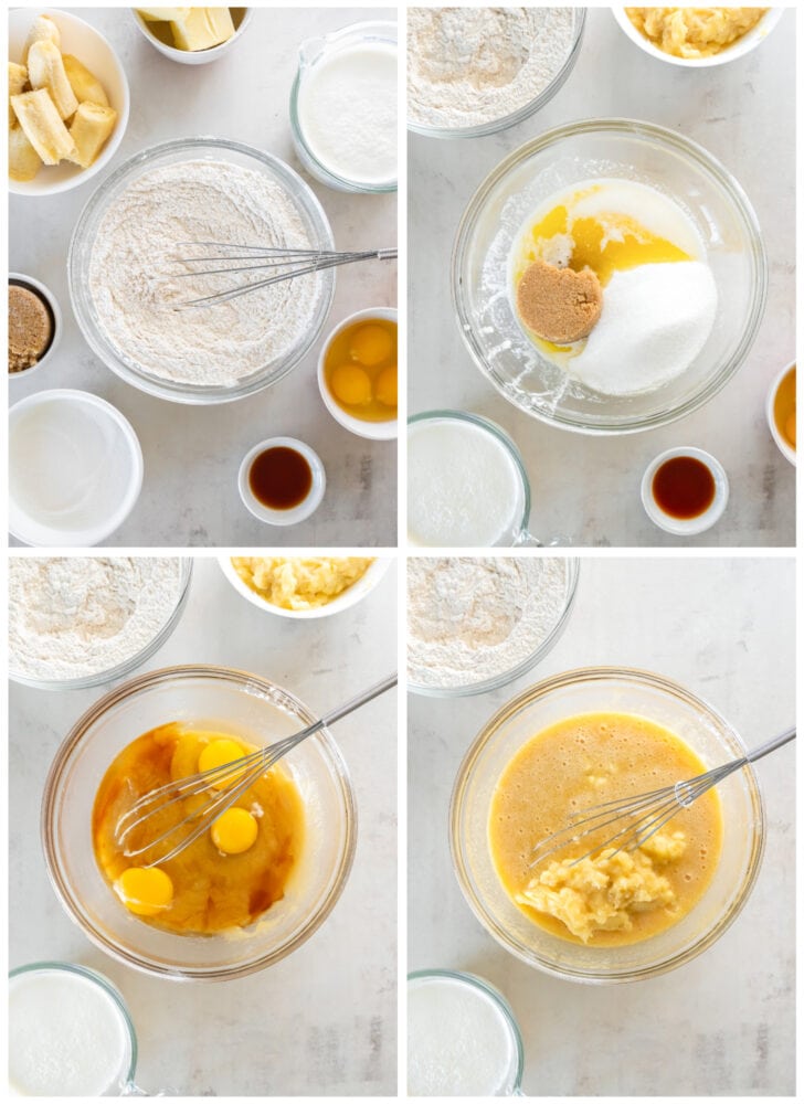 photo collage demonstrating how to make banana cake in a mixing bowl