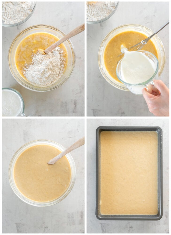 photo collage demonstrating how to make banana cake in a mixing bowl and a sheet cake pan