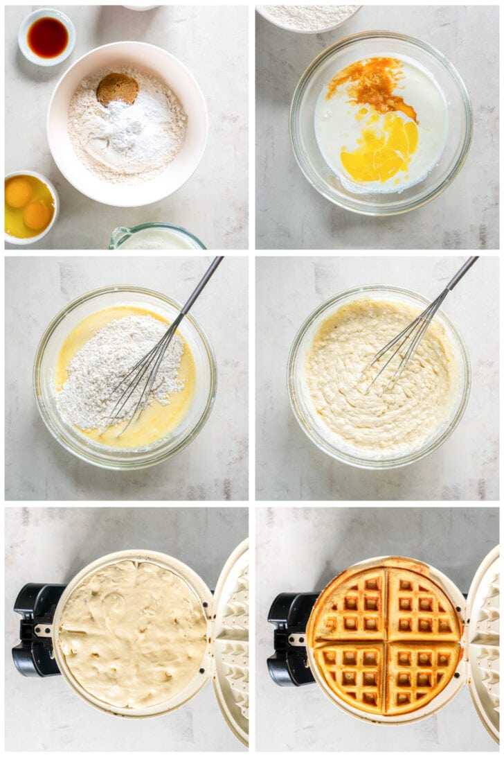 photo collage demonstrating how to make buttermilk waffles in a mixing bowl and waffle iron