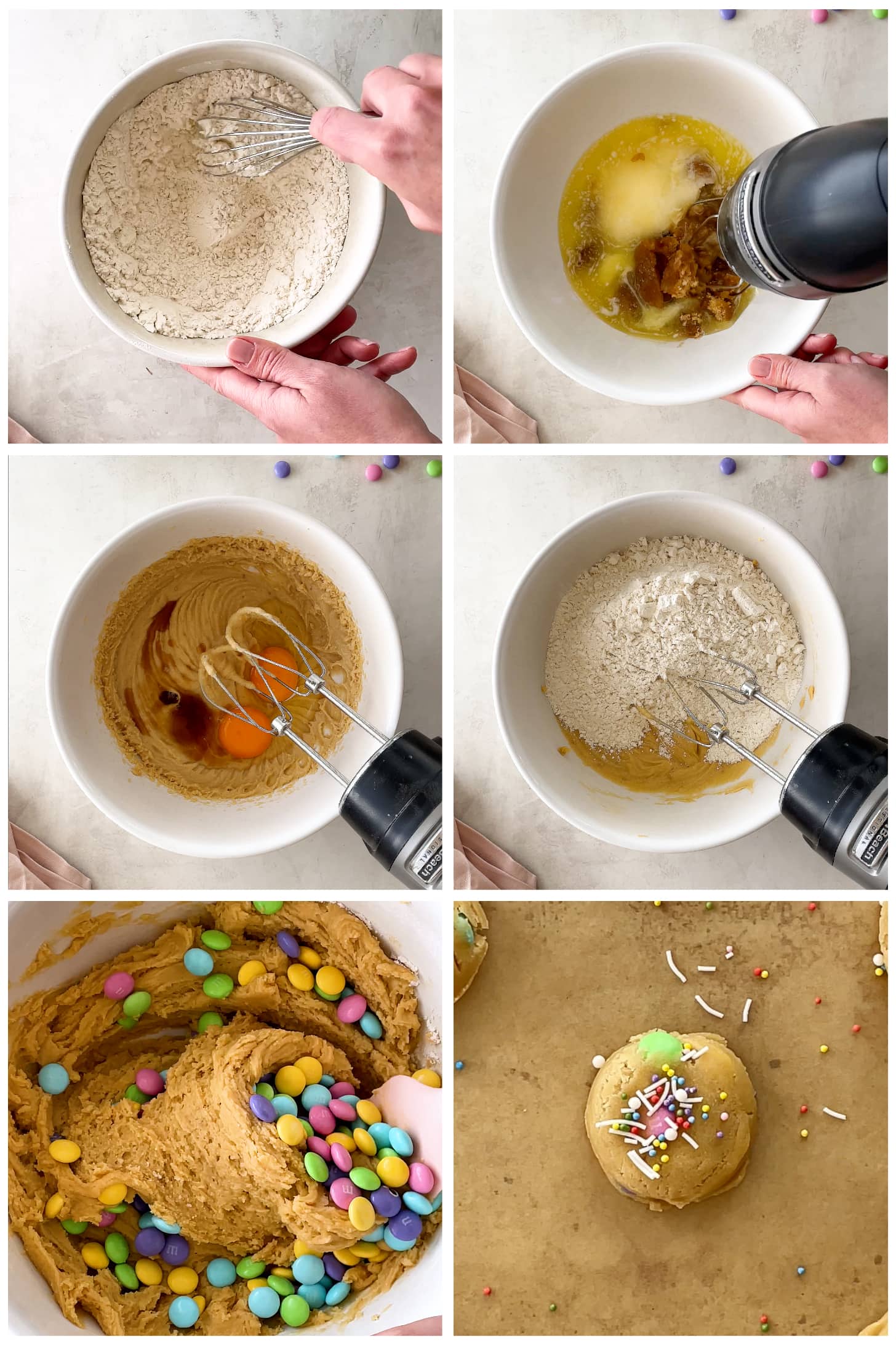 photo collage demonstrating how to make cookie dough with easter m&ms in a bowl with a hand mixer