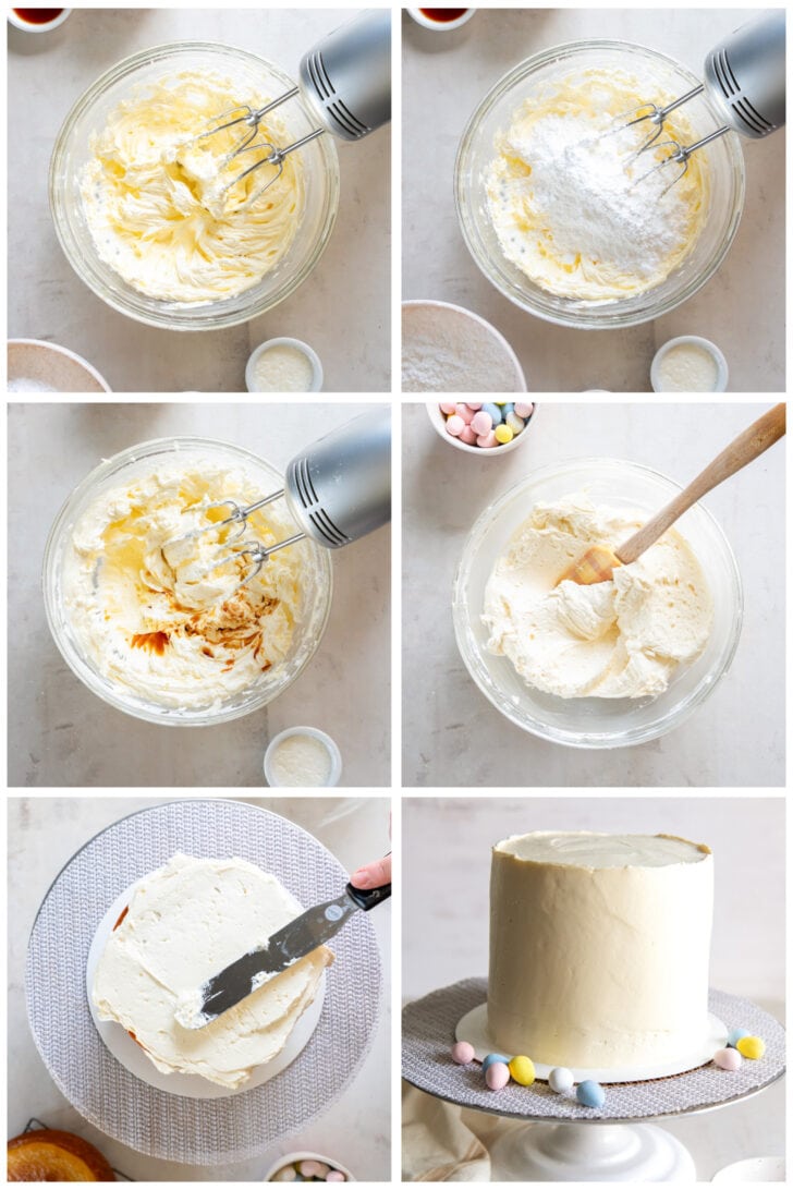 photo collage demonstrating how to make buttercream frosting for cadbury mini egg cake