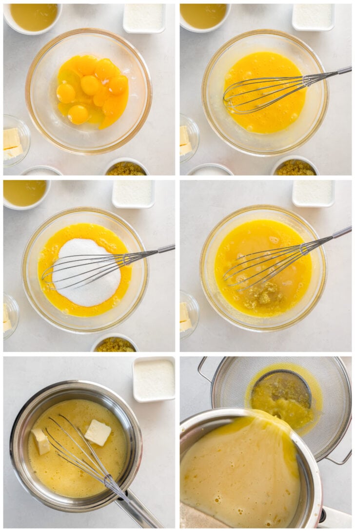 photo collage demonstrating how to make lemon curd in mixing bowl and saucepan