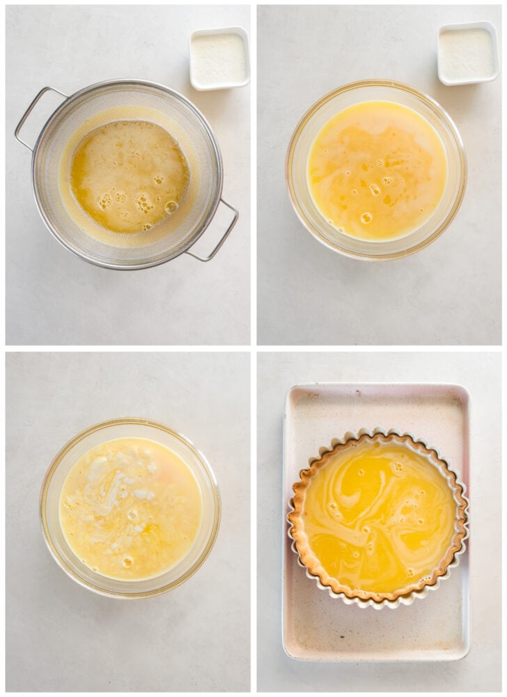 photo collage demonstrating how to strain lemon curd filling and add it to prebaked tart crust