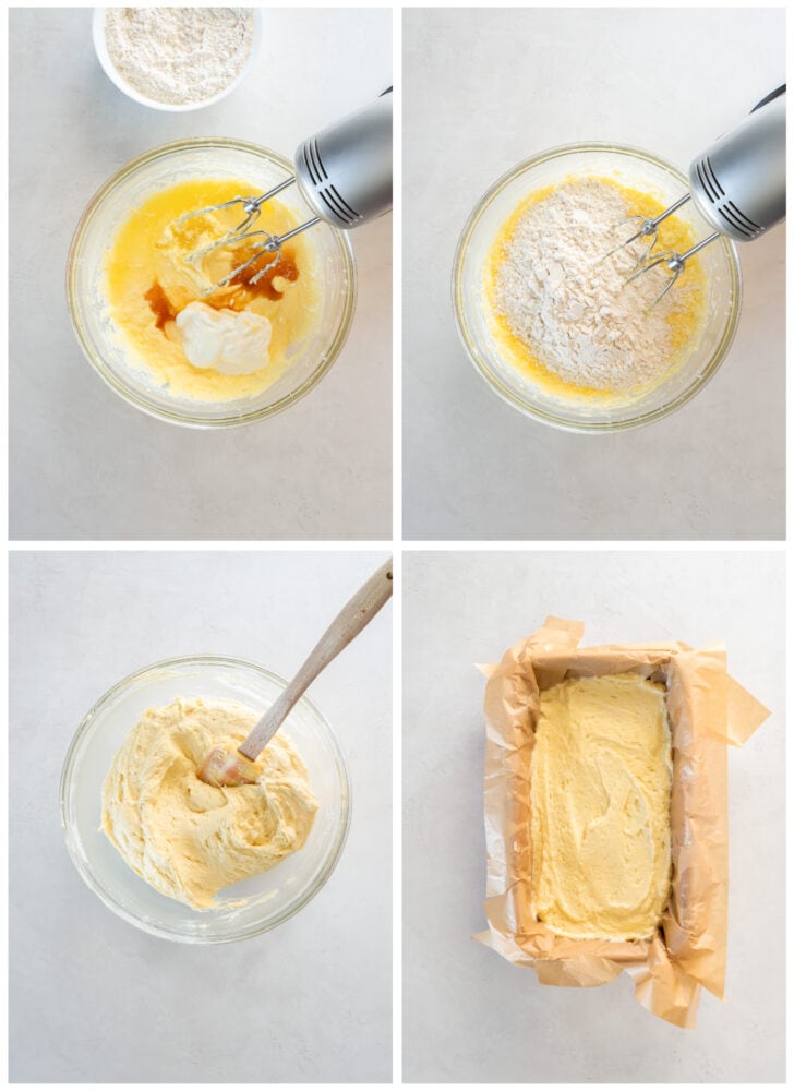 photo collage demonstrating how to make lemon pound cake in a mixing bowl and loaf pan