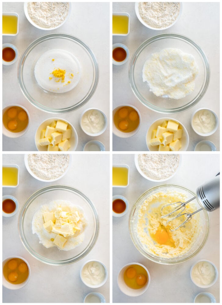 photo collage demonstrating how to make lemon pound cake in a mixing bowl