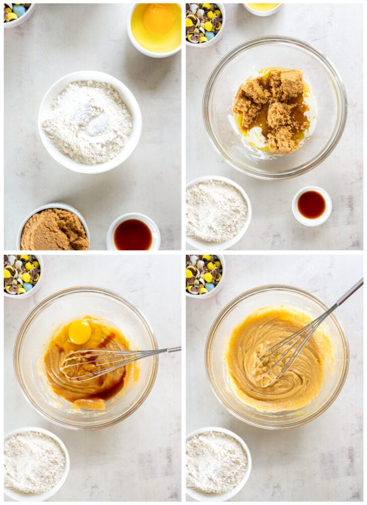 photo collage demonstrating how to make blondie batter in a mixing bowl