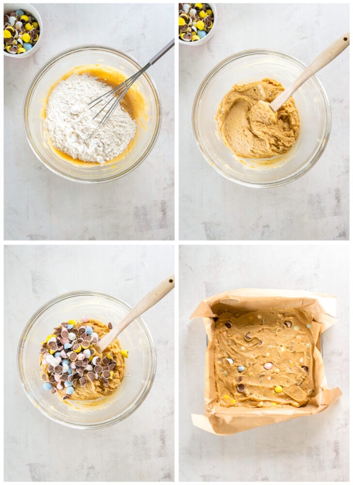photo collage demonstrating how to make blondie batter with chopped mini cadbury eggs in a mixing bowl and 8x8 baking pan