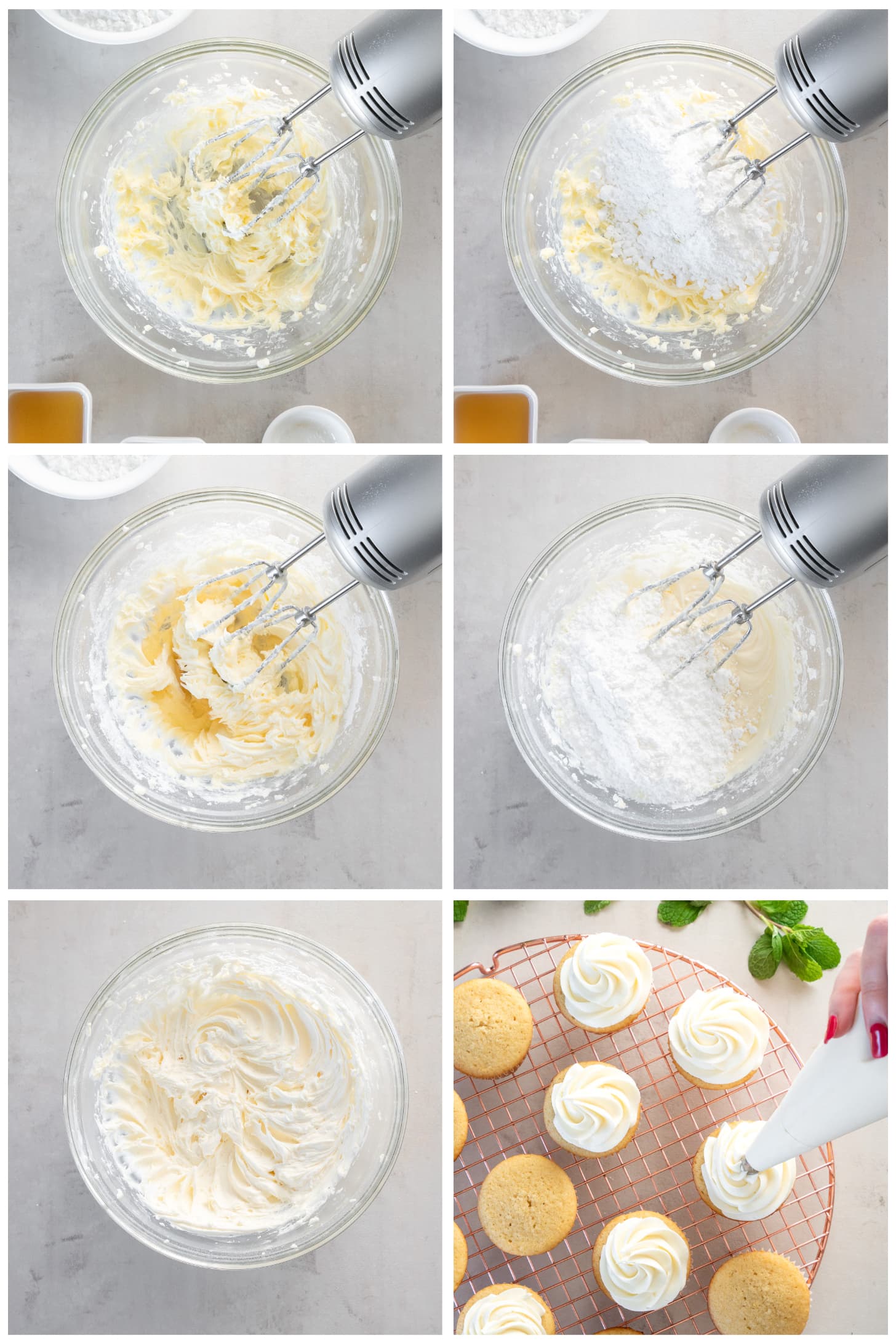 photo collage demonstrating how to make mint julep frosting in a mixing bowl with a hand mixer