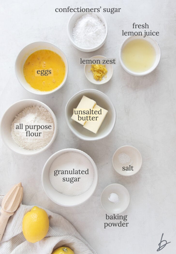 lemon bars ingredients in bowls labeled with text