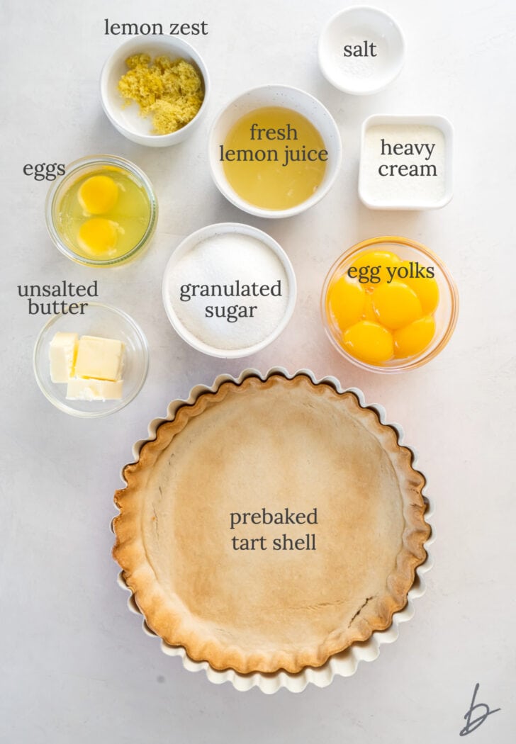 lemon curd tart ingredients in bowls labeled with text