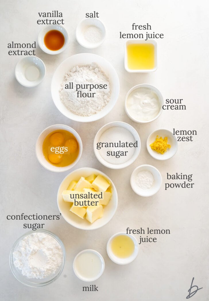 lemon pound cake ingredients in bowls labeled with text