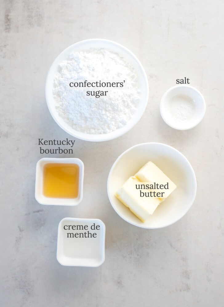 mint julep frosting ingredients in bowls labeled with text