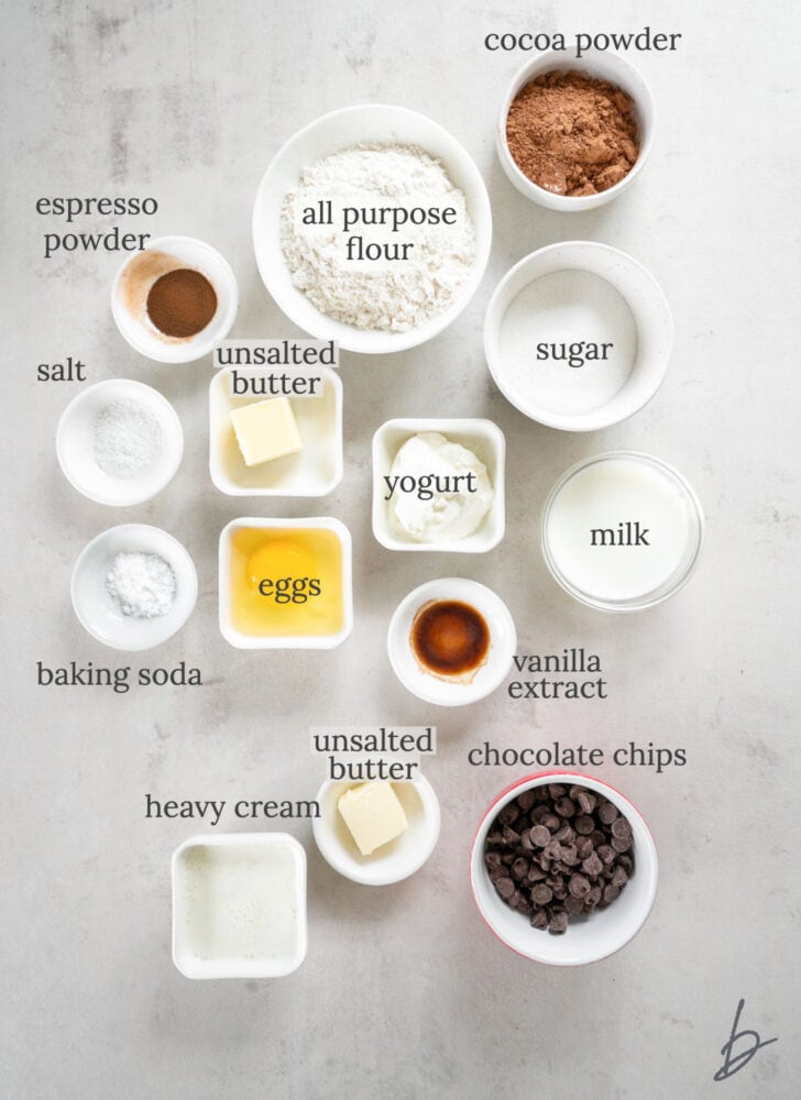 baked chocolate donuts ingredients in bowls labeled with text